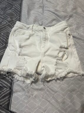 GUESS White Distressed Denim Shorts with Frayed Hem